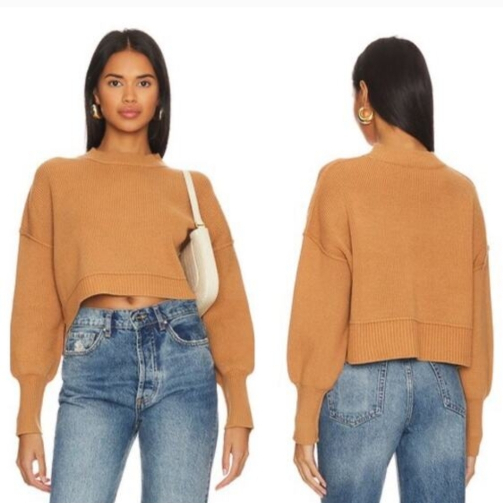 Free People Easy Street Crop Pullover Ribbed Knit Sweater Camel Tan Size S